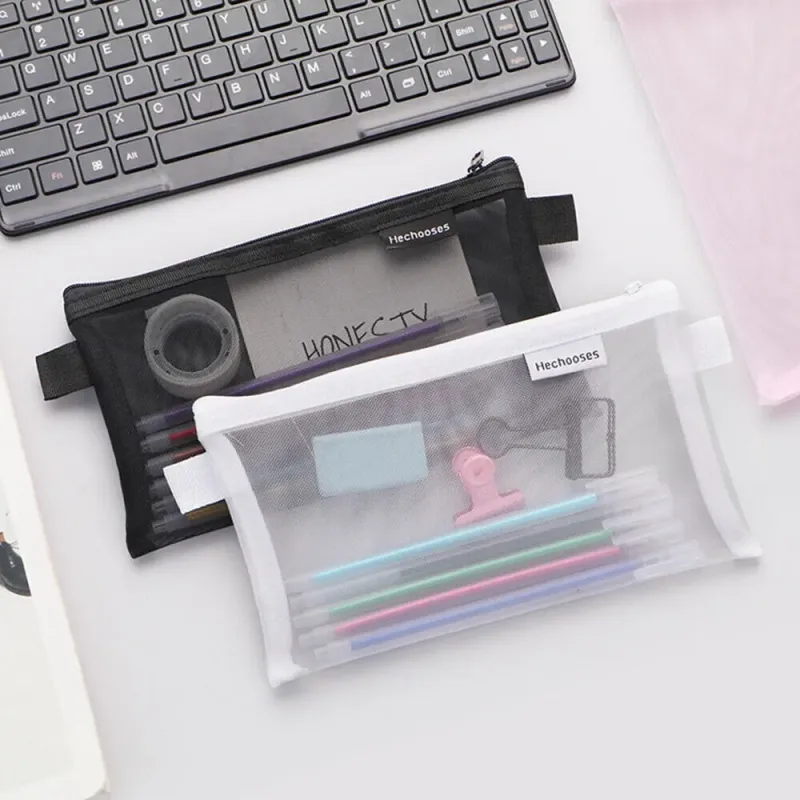 1pc Transparent Mesh Pencil Case Storage Student Simple Pencil Bag Large Capacity Pouches Stationery Organizer Pencilcase Holder 6
