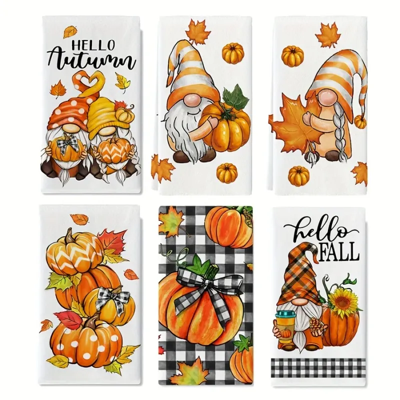 Fall Gnome Pumpkin Kitchen Towels 6 Pcs 1