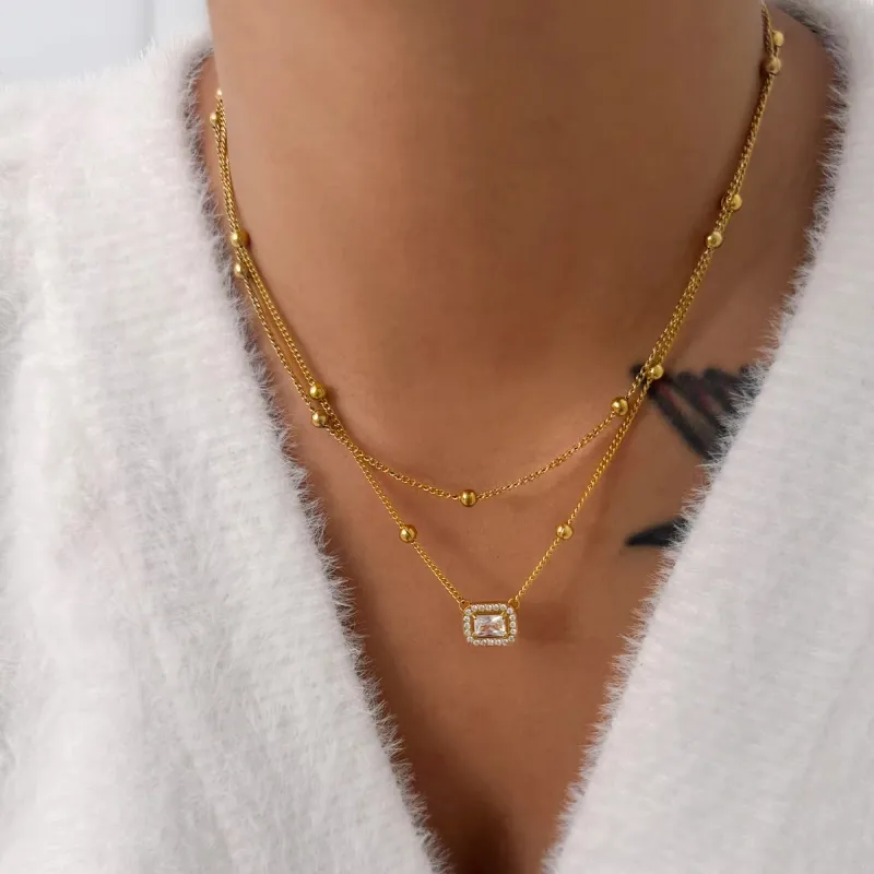 Double Layer Bead Chain Zircon Pendant Necklace 4