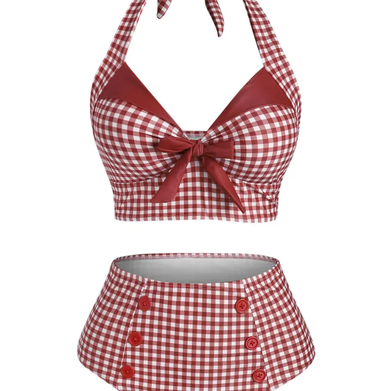 Women's Tummy Control Plaid Tankini 6