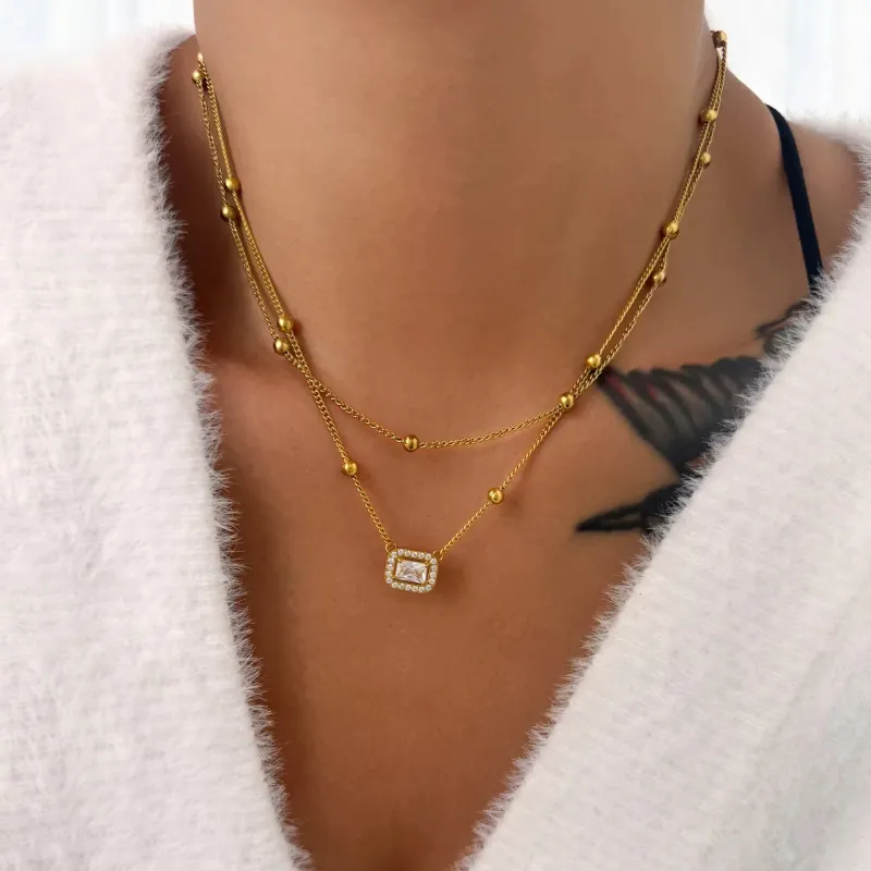 Double Layer Bead Chain Zircon Pendant Necklace 1