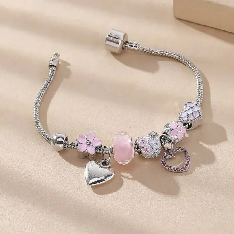 Heart Flower Glass Charm Bracelet 3