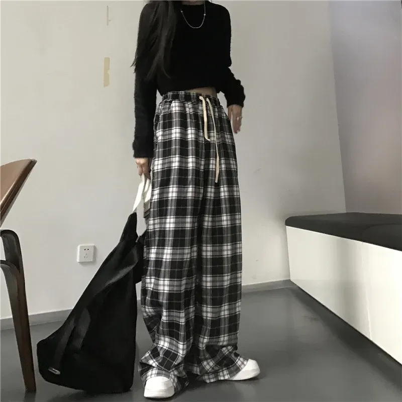Black Checkered Wide Leg Sports Pants 5