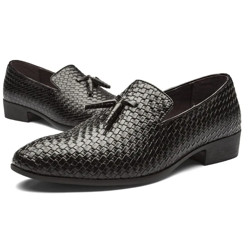 Black Woven Leather Square Heel Slip-on Shoes 6