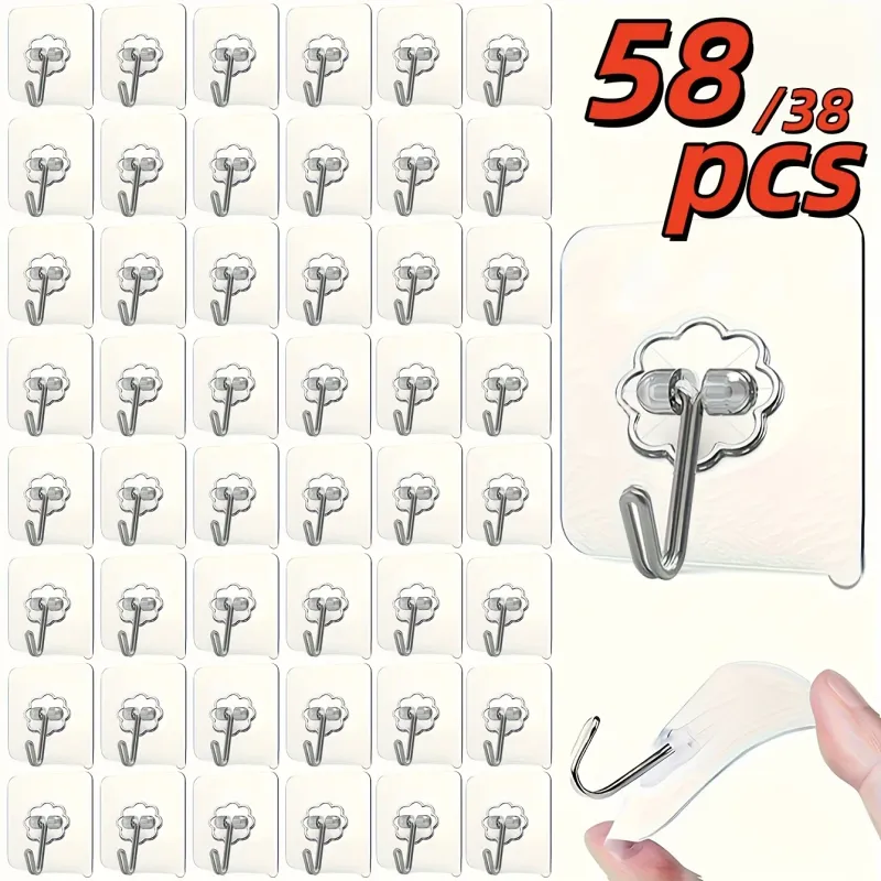 Heavy Duty Transparent Adhesive Wall Hooks, No Drill No Residue Clear Hooks, Waterproof Strong Sticky Hooks for Bathroom Kitchen Hanging Towel Key Cutlery, Damage-Free Removable Home Storage Organizer 1