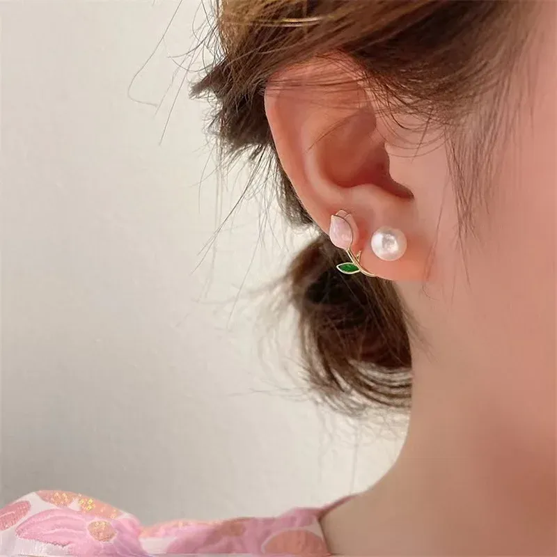 Pink Tulip Pearl Stud Earrings with Zircon 3