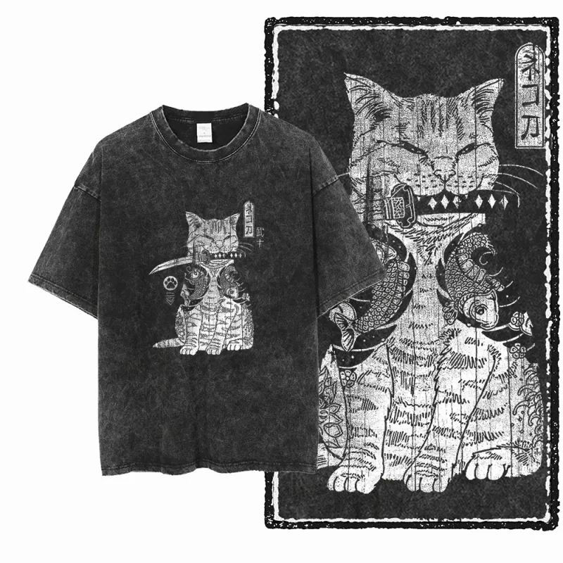 COOLMIND DB Cat Graphic Acid Wash Tee 2