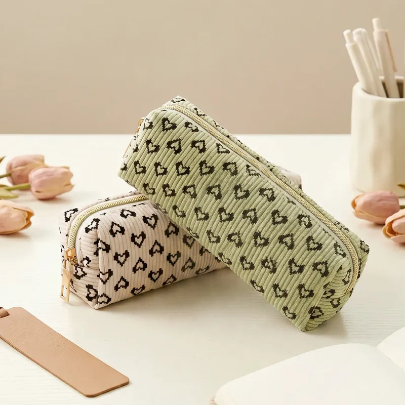 Heart Print Corduroy Pencil Case 2