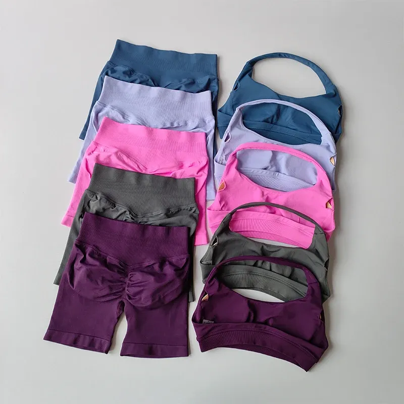 Peach Halter Yoga Bra & Shorts Set 1