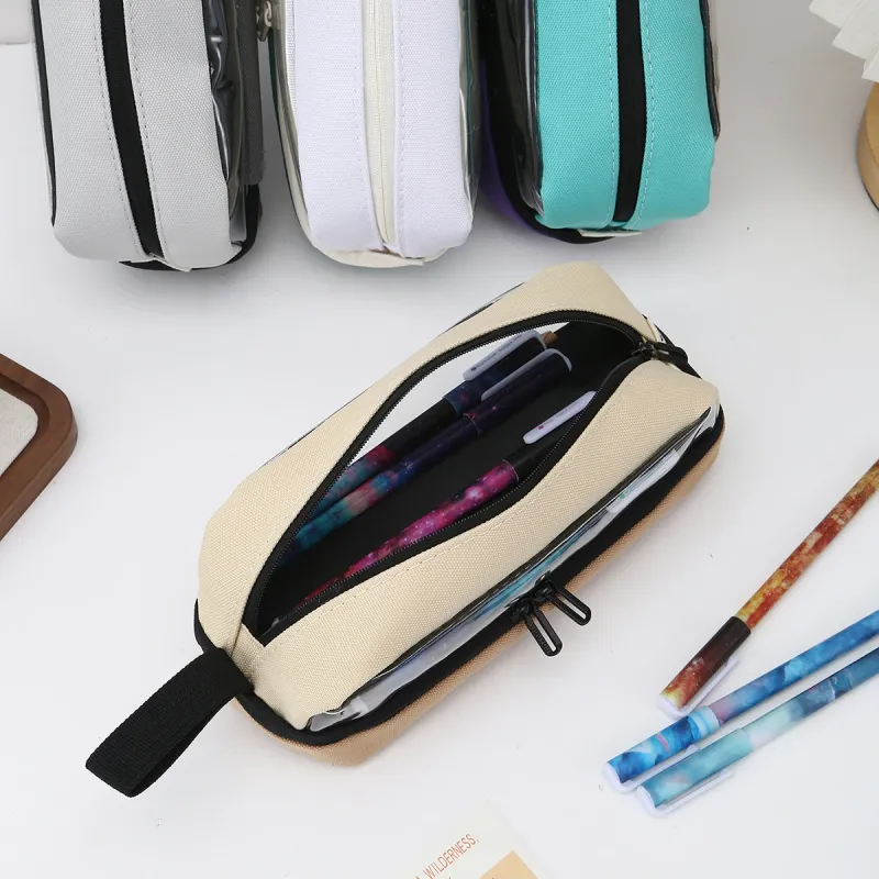 Large Capacity Cute ship Double Zipper Pencil Case Color Block Stationery Organizer Pencil Pouch Student Back To School Supplies 4