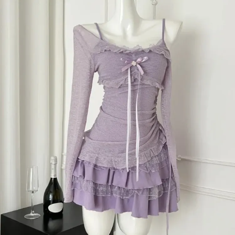Korean 2-Piece Set: Bow Lace Top & Slim Dress 1