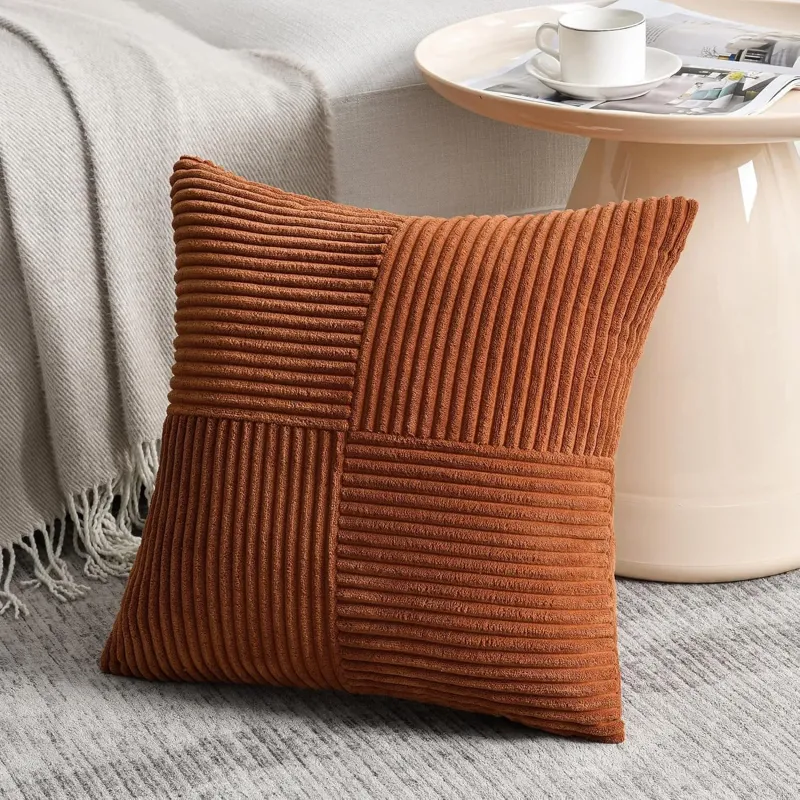 Rust Boho Corduroy Patchwork Pillow Cover 2