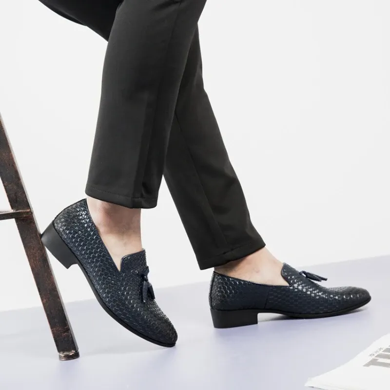 Black Woven Leather Square Heel Slip-on Shoes 3