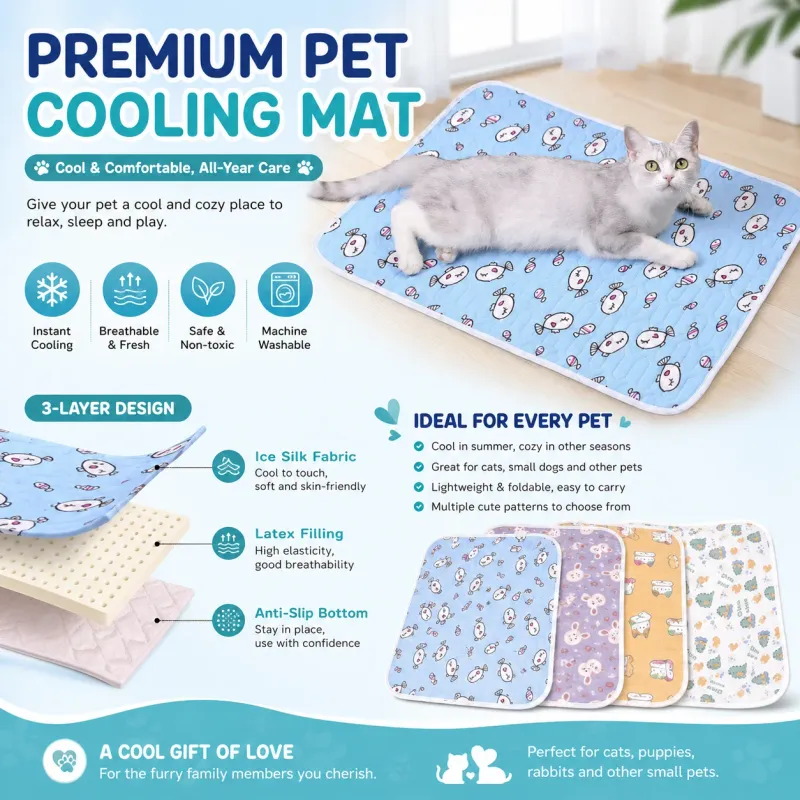 Pet Summer Cooling Beds Mats Cute Cartoon Pattern Cat Dog Sleeping Mat Kennel Ice Silk Cool Pad Floor Sofa Blanket Pet Supplies 3