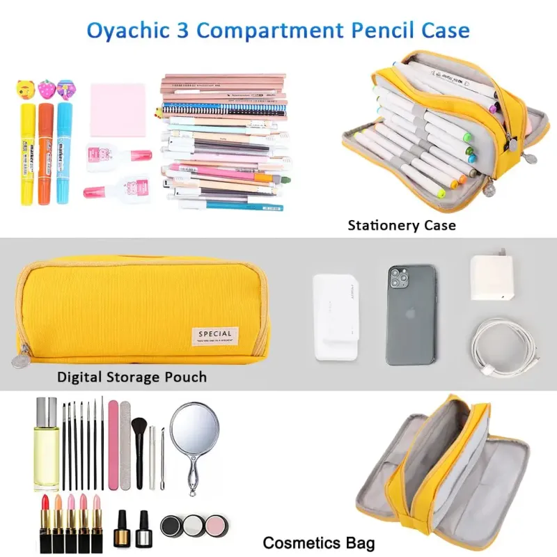 Pencil Case Large Space Storage 3 Compartment Pouch Double Side Opened Student Stationery Desk Organizer School Supplies 4