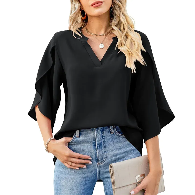 Women Summer Chiffon V-Neck Flare Sleeve Blouse 3