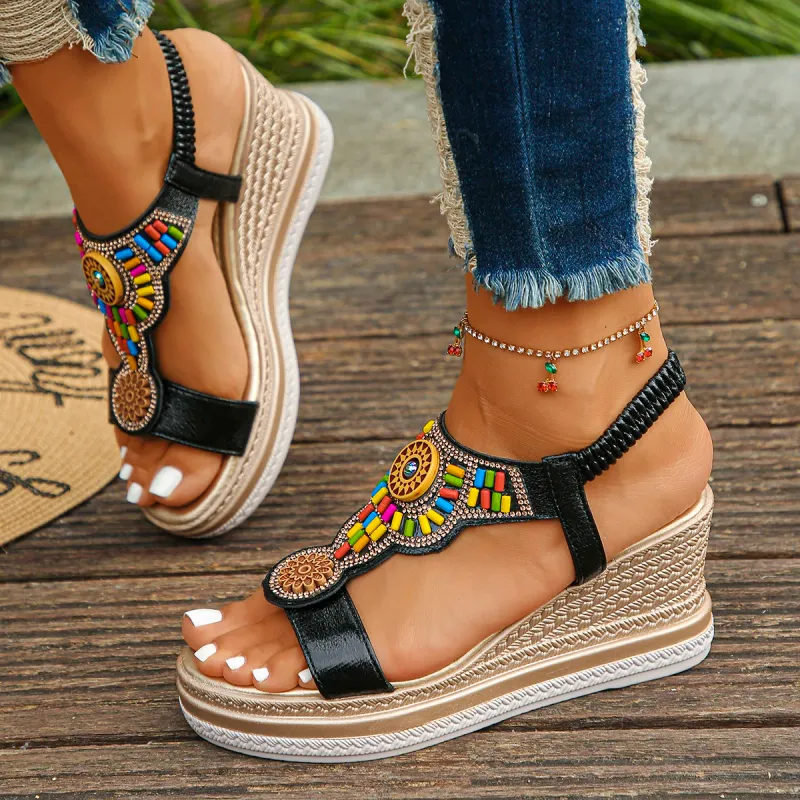 Boho Beaded Wedge Sandals - Summer 6