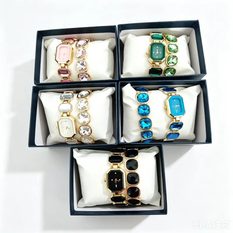 Gold Quartz Watch & Crystal Bracelet Set 1