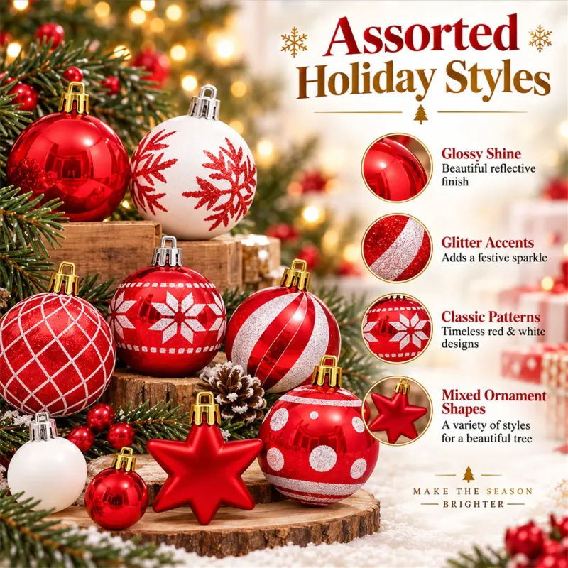 42 Pcs Red & White Christmas Ball Ornaments Set 8