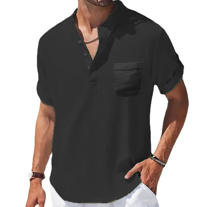 Cotton Linen Henry Collar T-Shirt 3