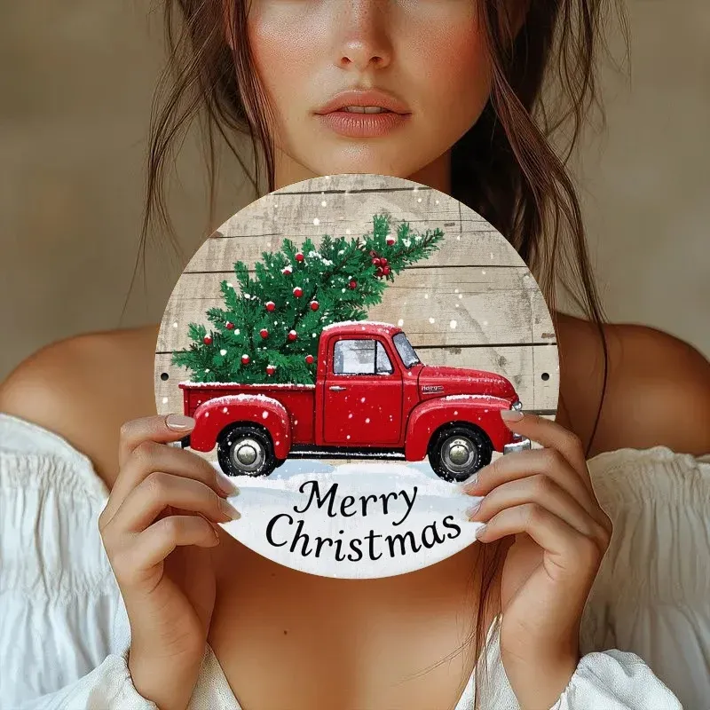 Vintage Red Truck Christmas Wreath Metal Sign 2