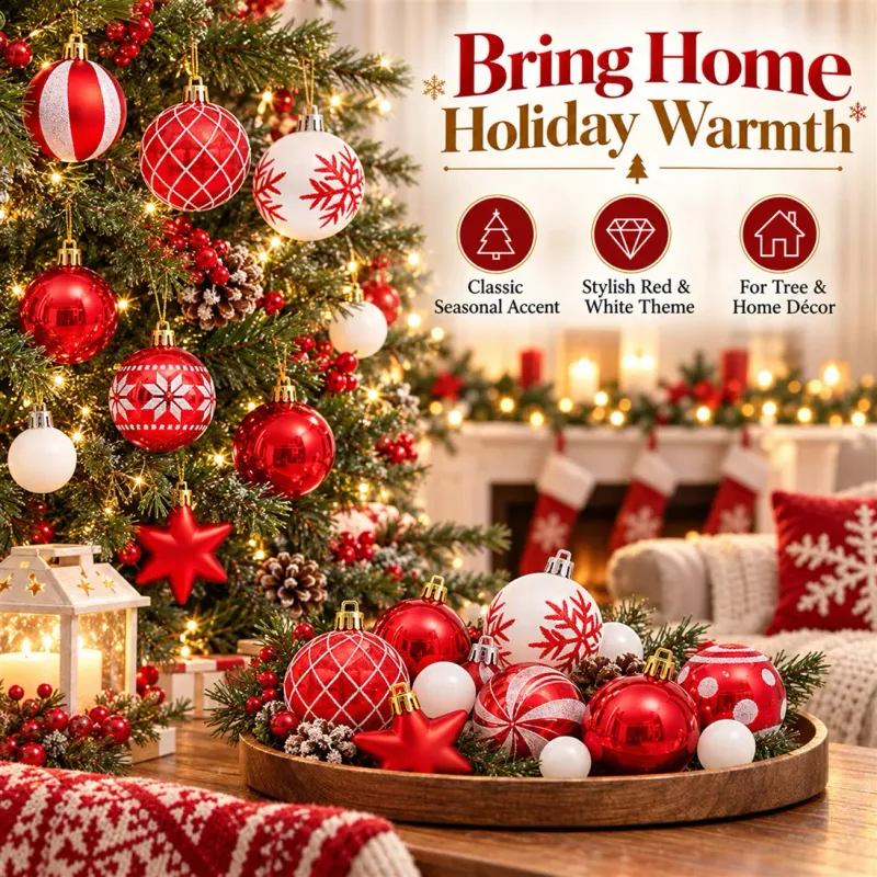 42 Pcs Red & White Christmas Ball Ornaments Set 5
