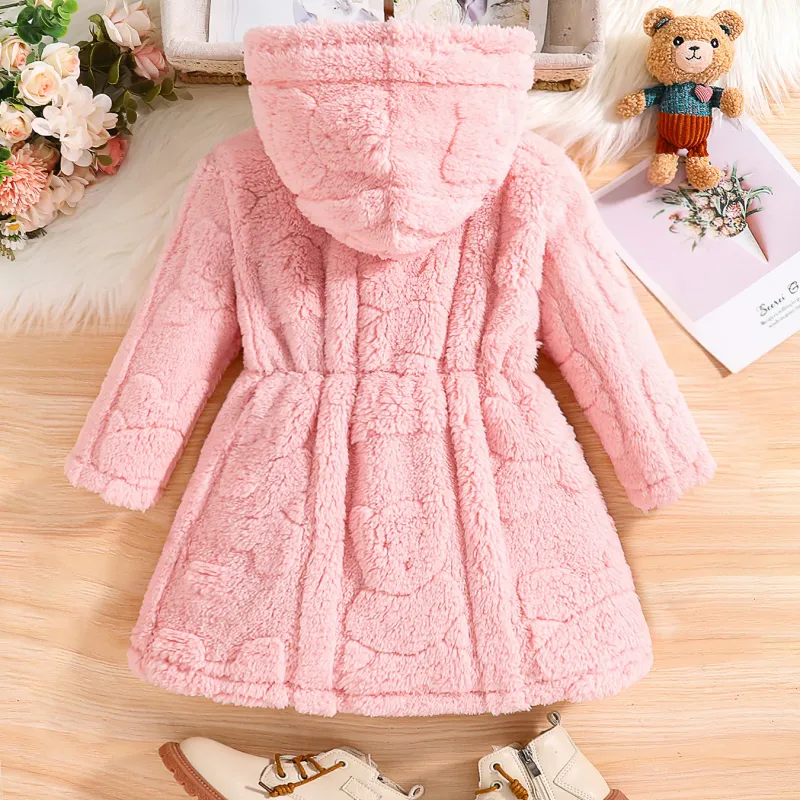 Girls Pink Velvet Hooded Coat 2