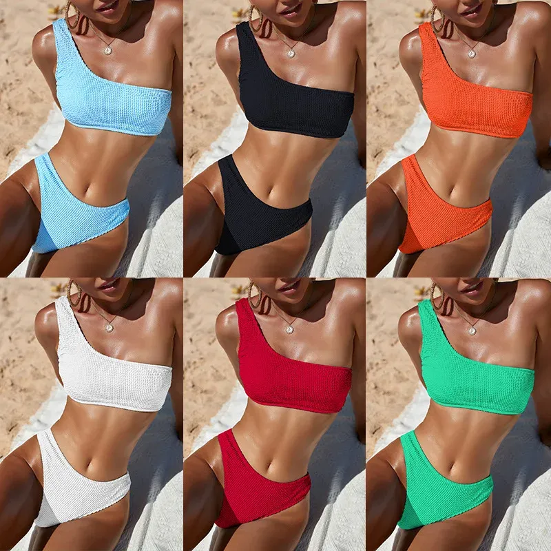 One Shoulder Textured Brazilian Bikini 2