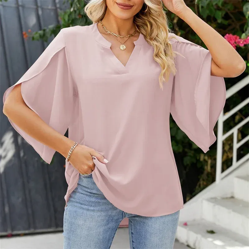 Women Summer Chiffon V-Neck Flare Sleeve Blouse 2