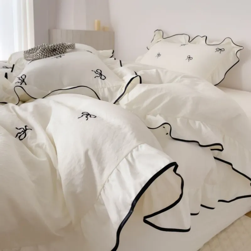 Bow Embroidery Ruffles Duvet Cover Set 1