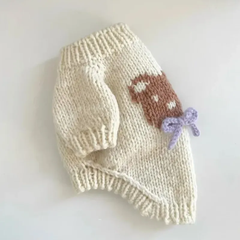 Beige Bear Bow Knit Dog Hoodie Sweater 4